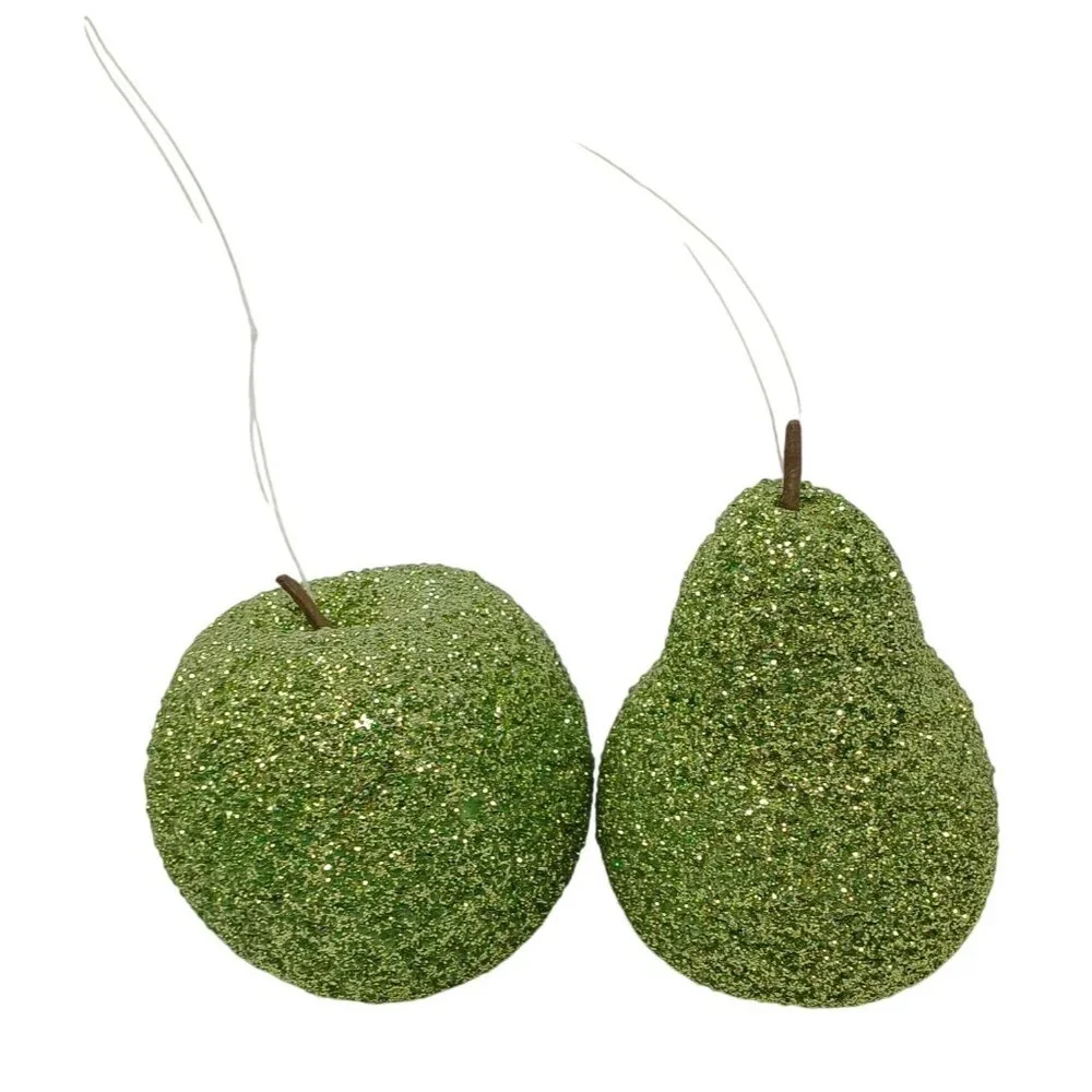 Sparkly Green Glitter Apple & Pear Ornament Set For Decor #D-13